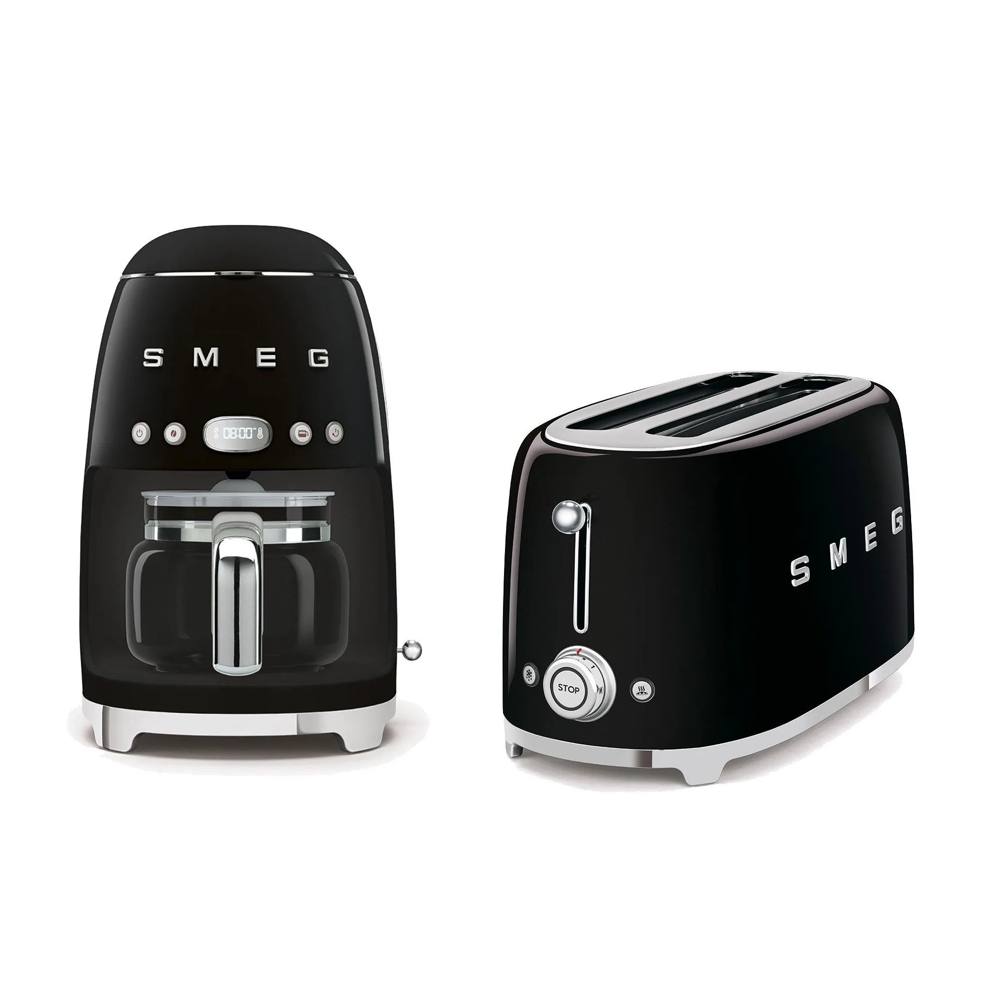 Smeg 50's Retro-Style Black AM Kit w/10 Cup Coffee Machine & 2 Slot Toaster