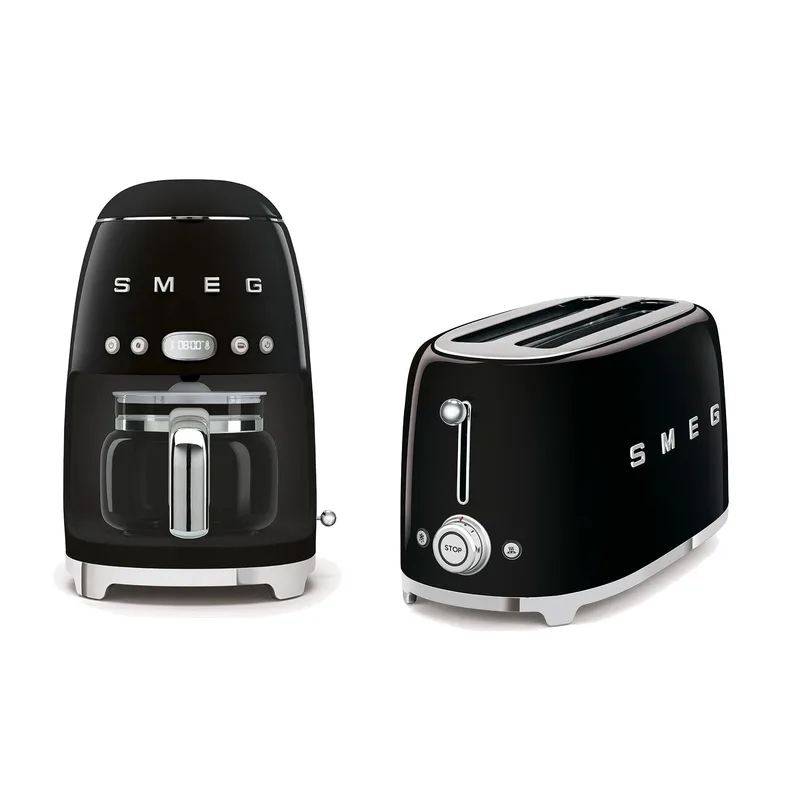 Smeg 50's Retro-Style Black AM Kit w/10 Cup Coffee Machine & 2 Slot Toaster