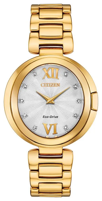 Citizen Watch Ladies'' Capella Eco-Drive Watch, Gold-Tone w/White Dial And Diamonds