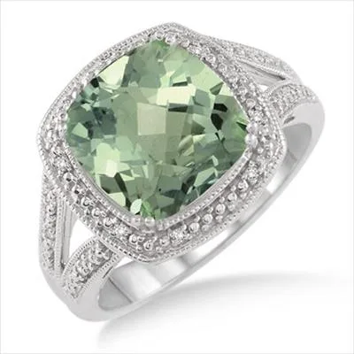 Jilco Inc Sterling Silver Green Amethyst & Diamond Ring - Size 6.5
