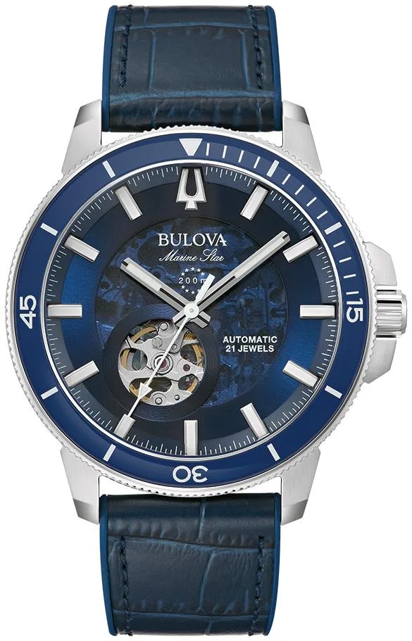 Bulova Watches Men's Marine Star Series C Blue Leather And Silicone Strap Watch Blue Dial
