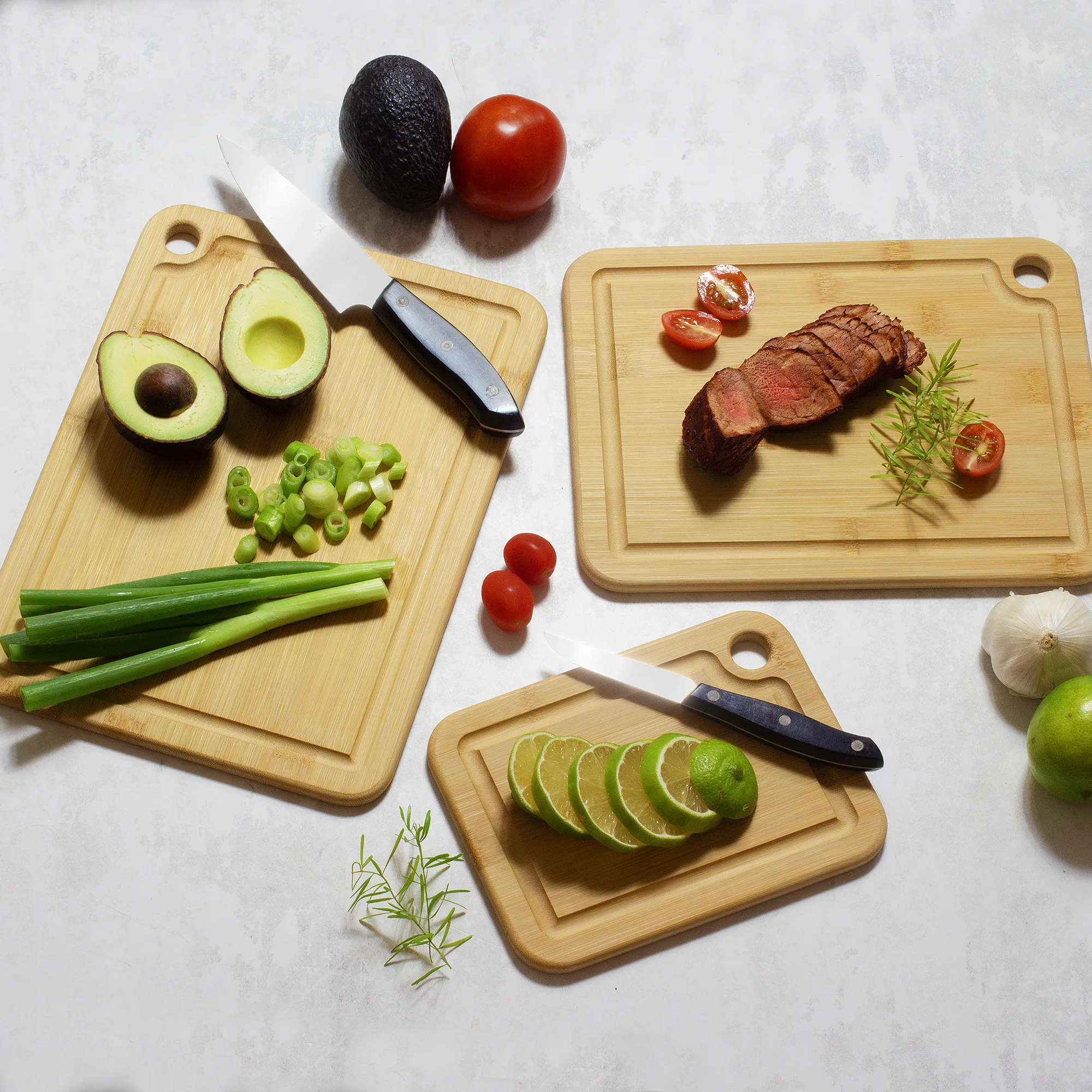 3Pc Bamboo Cutting & Serving Board Set with hanging holes view 4