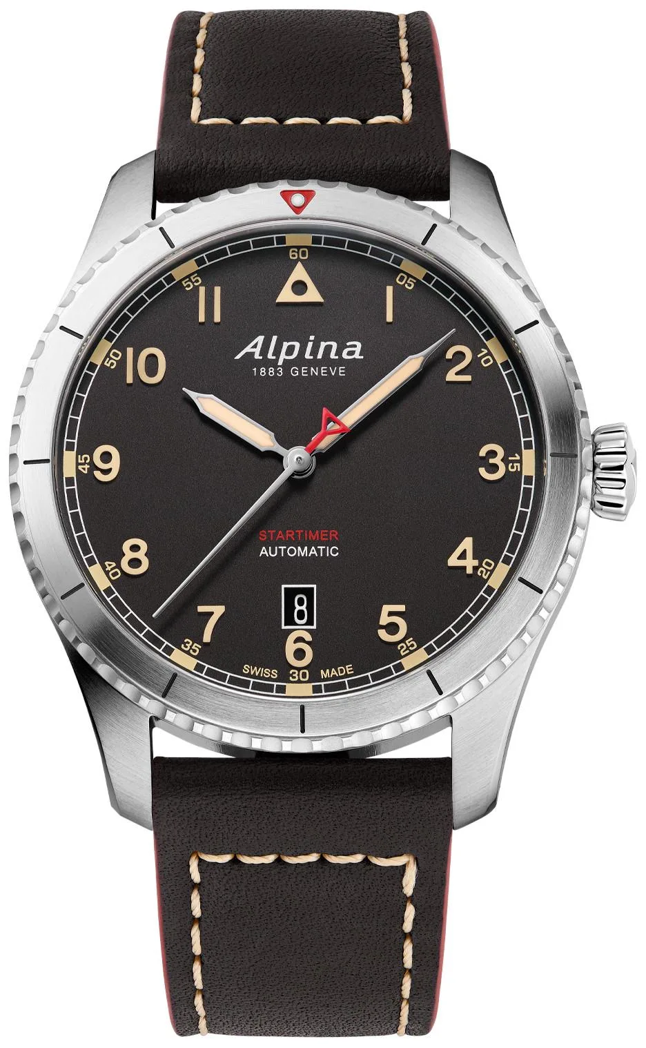 Alpina Mens Automatic Startimer Leather Strap Watch Black Dial
