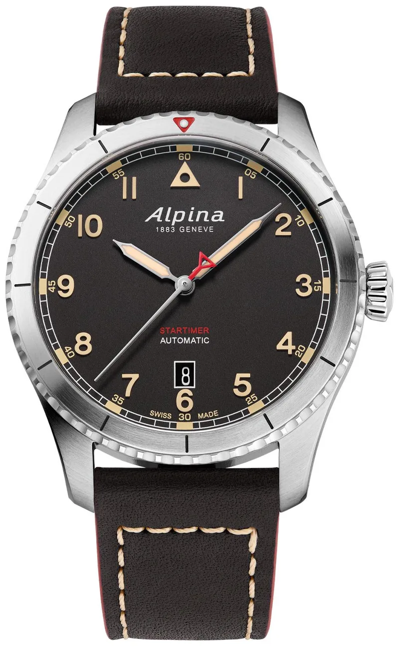 Alpina Mens Automatic Startimer Leather Strap Watch Black Dial
