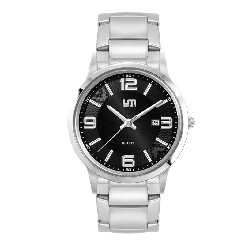 Ladies Black Case Watch Ladies Silver Stainless Steel Case, Black Sunray Dial, and Silver Stainless view 2