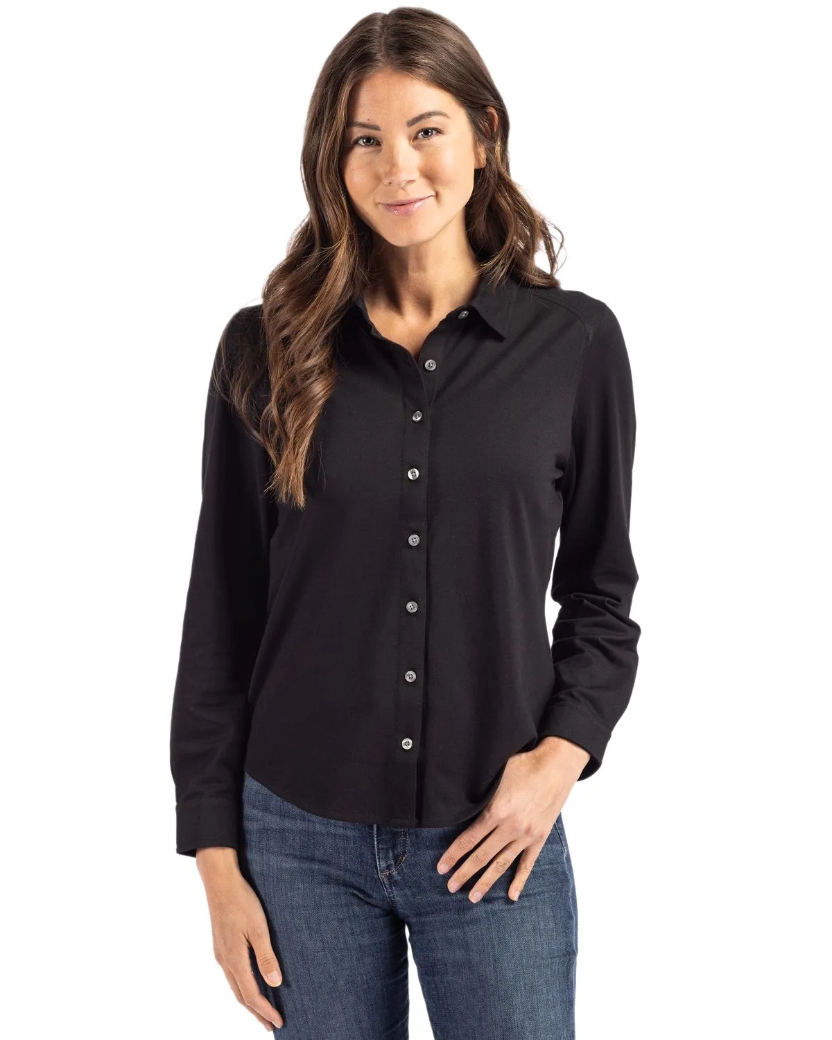 Cutter & Buck Advantage Recycled Cotton-Blend Pique?Womens?Long Sleeve Button?Down Shirt