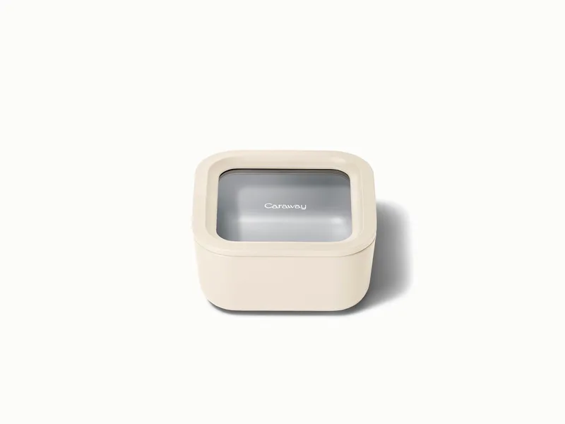 Caraway 4.4 Cup Glass Food Container Square Shape W/ Lid Cream