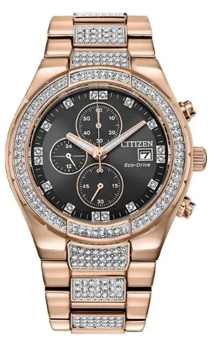 Citizen® Men's Crystal Eco-Drive® Rose Gold-Tone Watch w/Black Dial