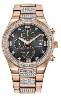 Citizen® Men's Crystal Eco-Drive® Rose Gold-Tone Watch w/Black Dial