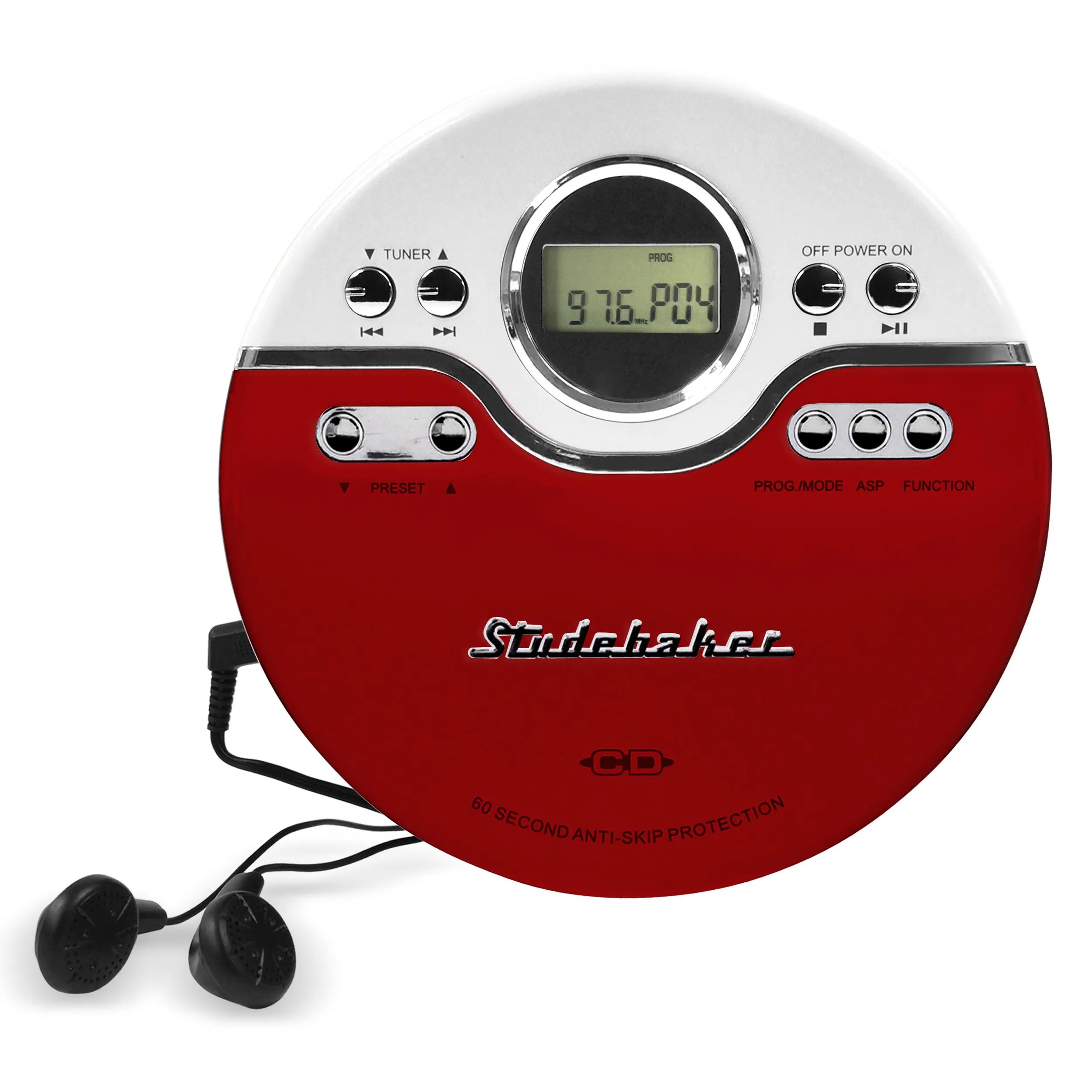 Studebaker Red/White Personal Cd Player w/Pll Fm Radio, 60 Second Asp, Earbuds Audio Book Feature