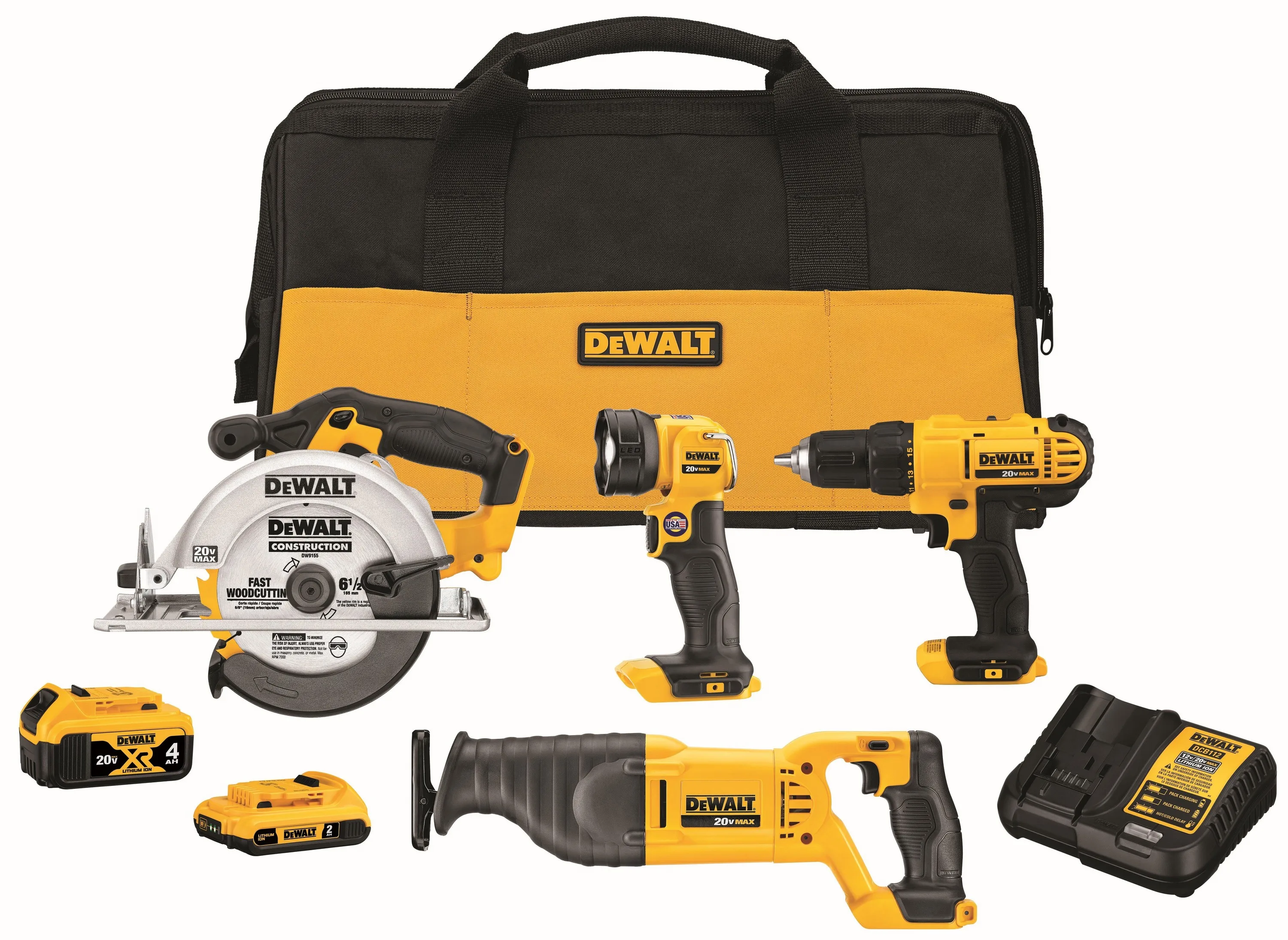 DeWalt 20V Max Cordless 4-Tool Combo Kit - Drill Circular Saw Recip Saw Worklight