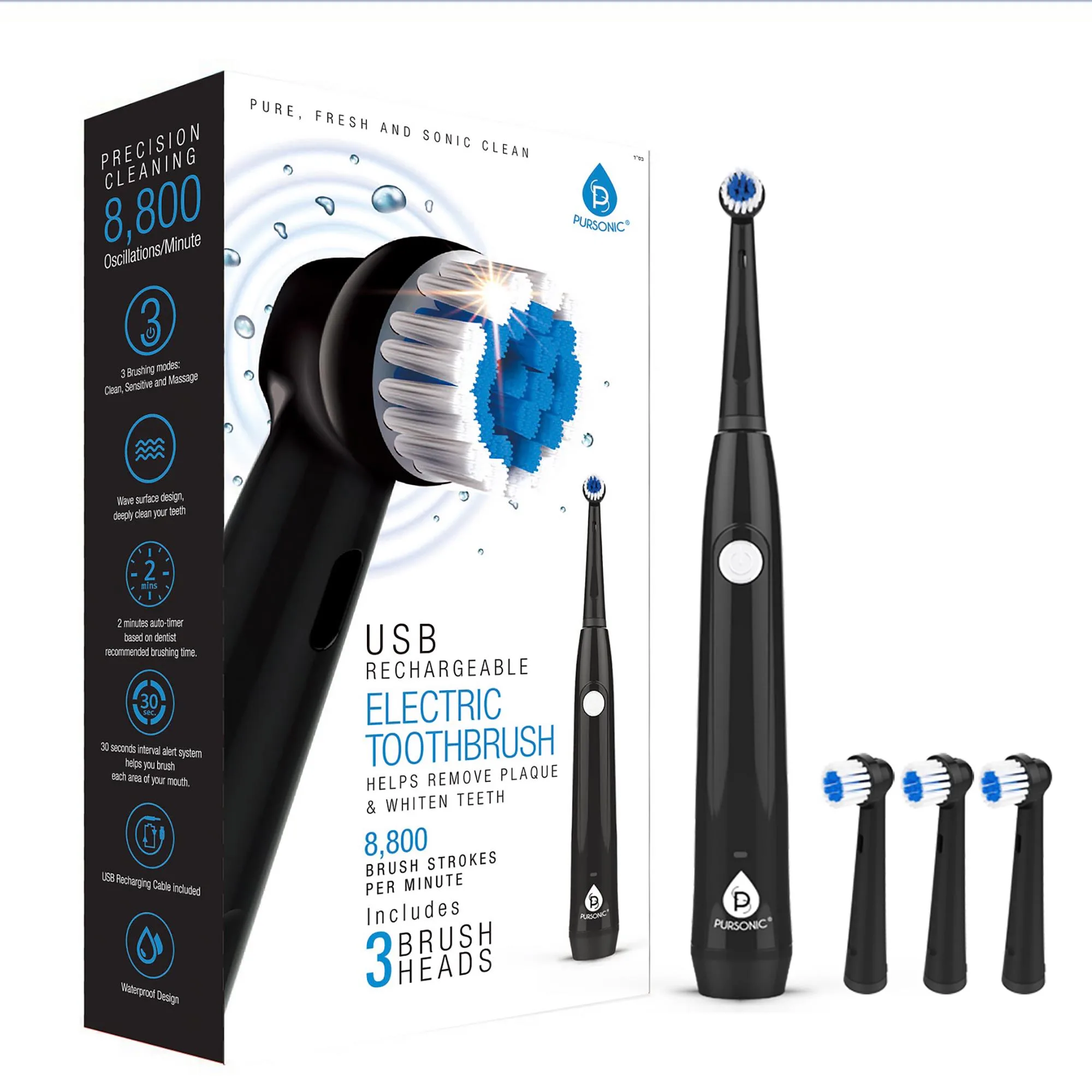 Pursonic Usb Rechargeable Rotary Toothbrush - Black