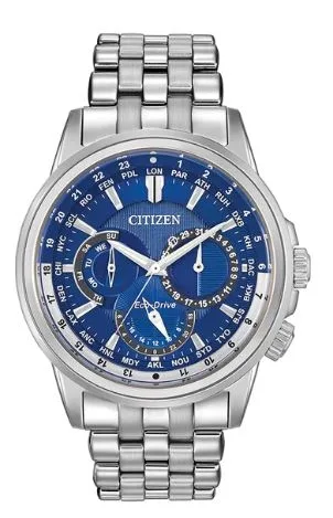 Citizen® Men's Calendrier Eco-Drive® Stainless Steel Watch w/Dark Blue Dial