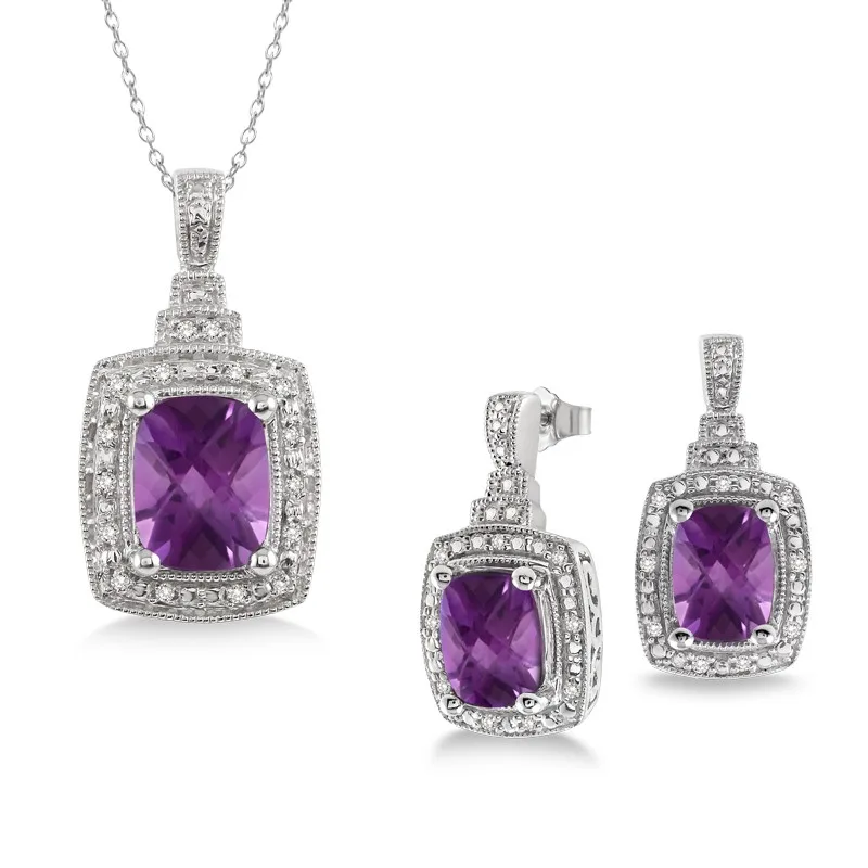 Jilco Inc Amethyst & Diamond Earring And Necklace Set