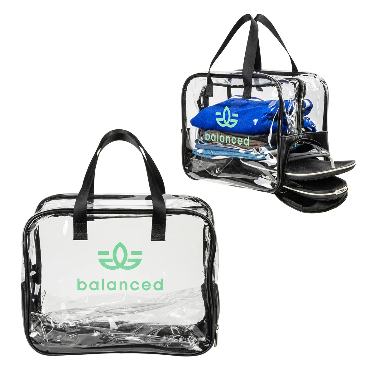 Gem Clear PVC Zippered Bag with Easy-Access Shoe Compartment