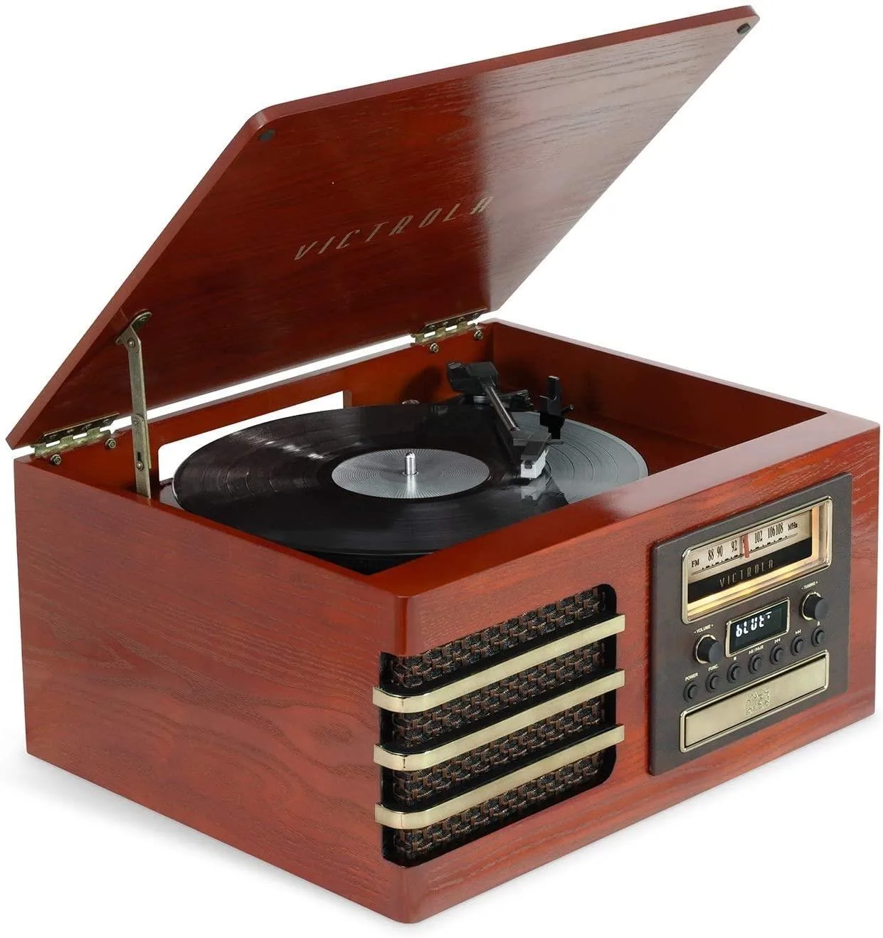 Victrola Wooden Music Center + Improved Stereo Sound Improved Platter (Ellington), Mahogany