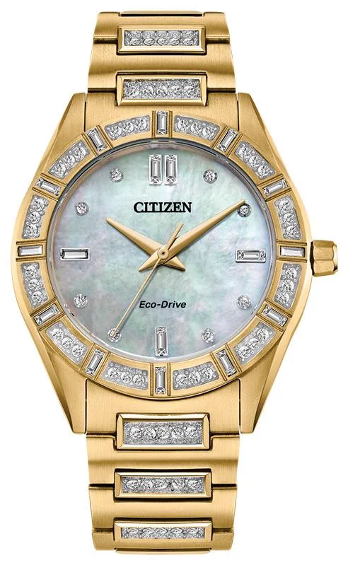 Citizen Watch Ladies' Eco-Drive Crystal Gold-Tone Stainless Steel Bracelet Watch Beige Dial