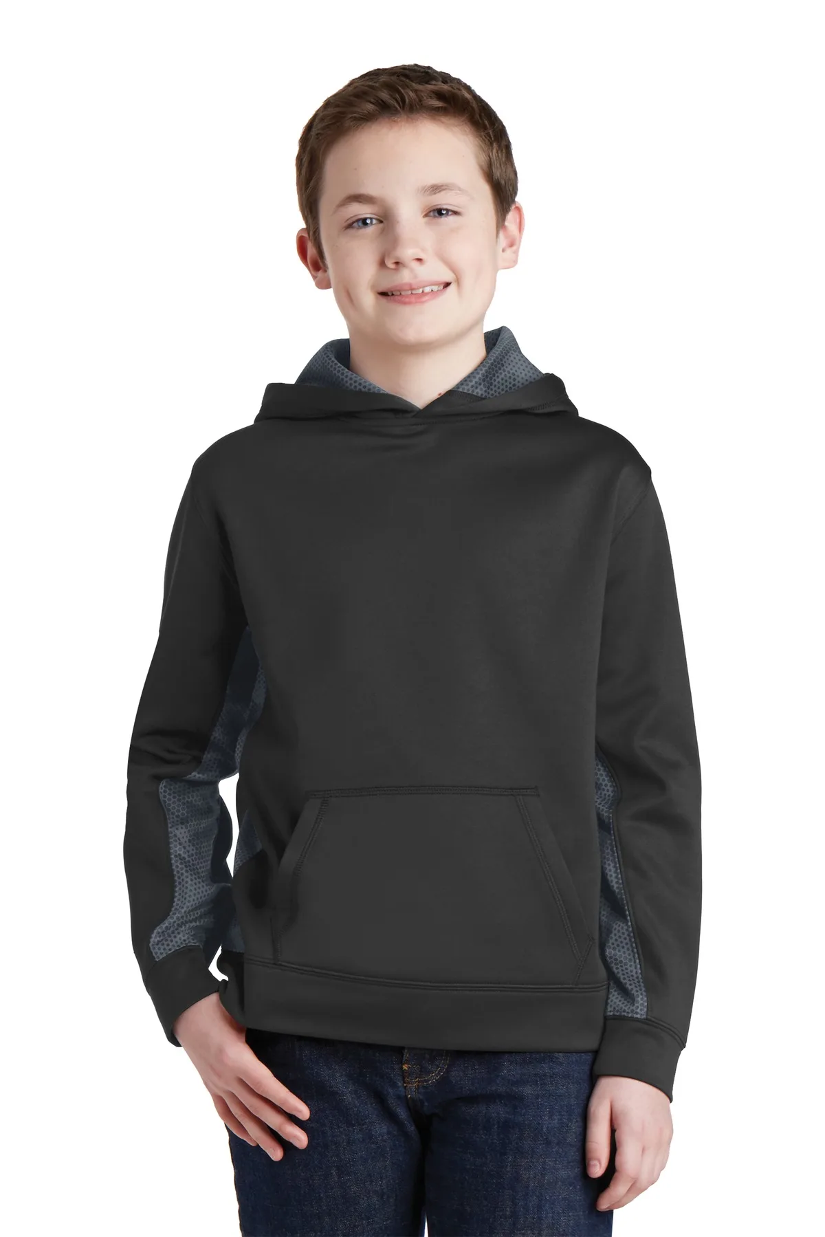 Sport-Tek® Youth Sport-Wick® CamoHex Fleece Colorblock Hooded Pullover.