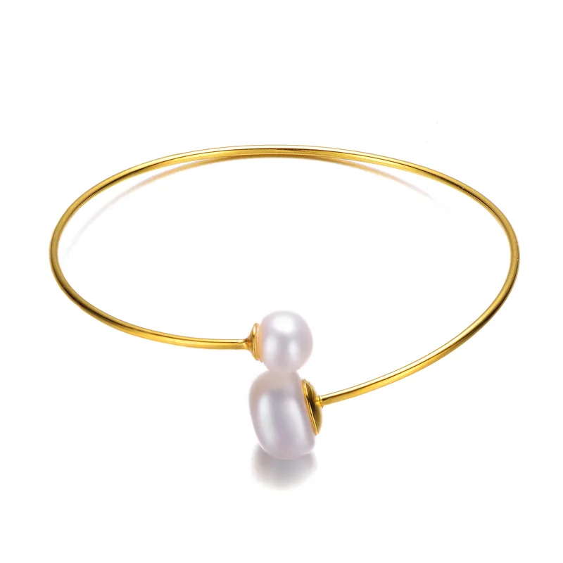GENEVIVE Sterling Silver Gold Plated Pearl Bangle Size 7.25"