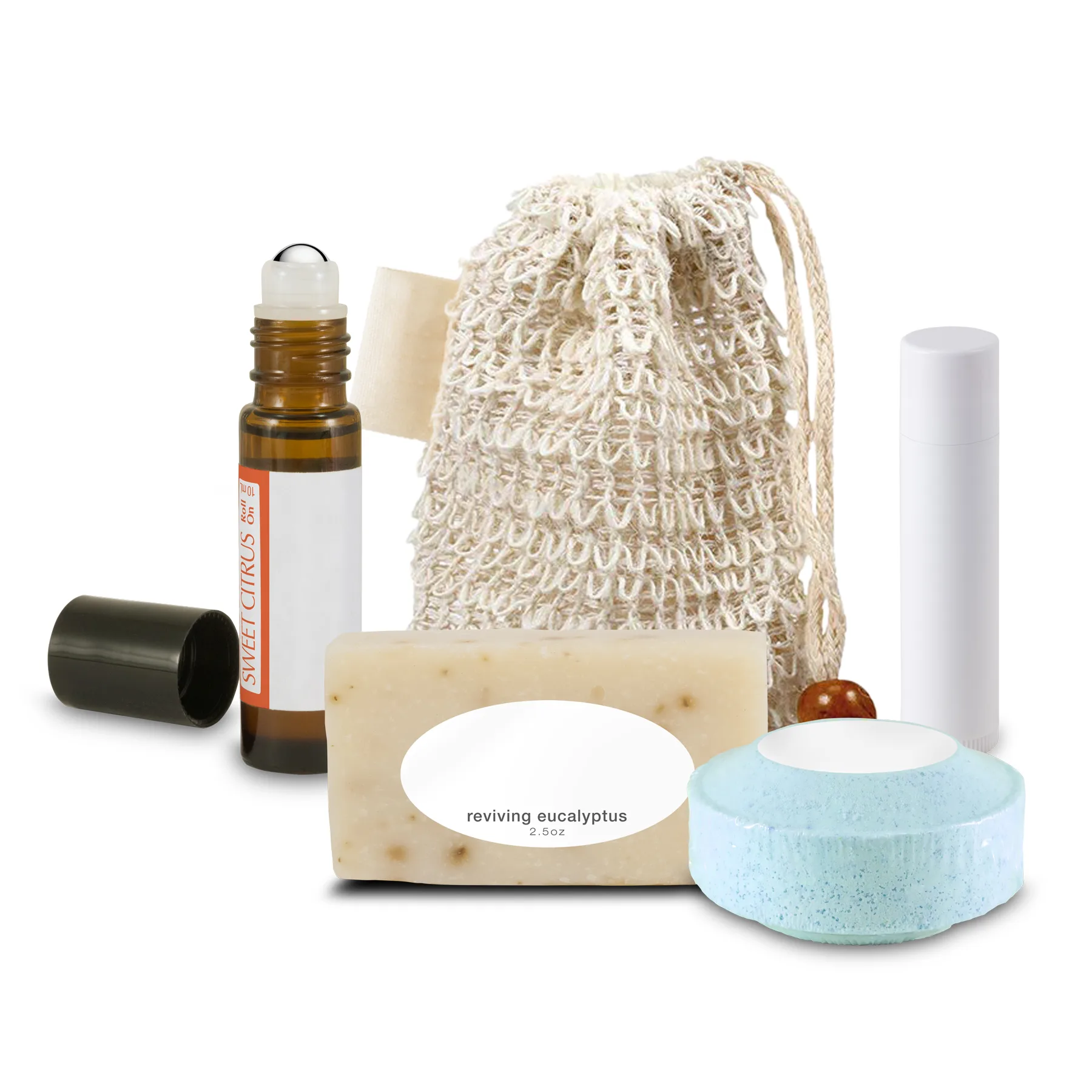Loofah Bag with Roll-on Oil, Mini Soap, Shower Steamer, and Lip Balm with Sewn-in Tag view 2