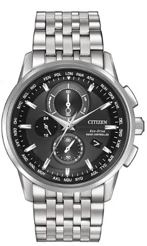 Citizen® Men's World Chronograph A-T Eco-Drive® Stainless Steel Watch w/Black Dial