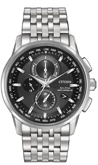 Citizen® Men's World Chronograph A-T Eco-Drive® Stainless Steel Watch w/Black Dial