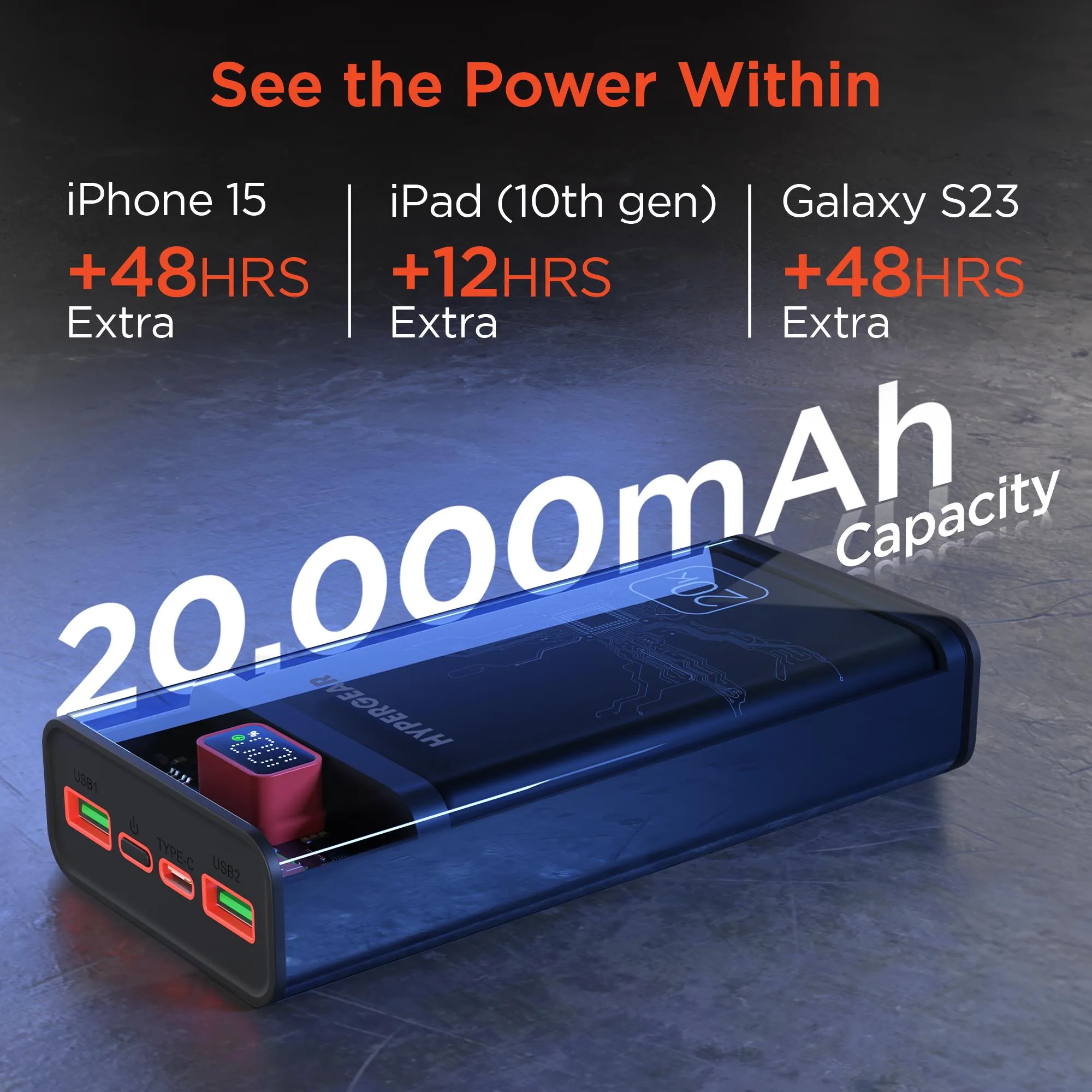 HYPERCEL Hypergear 20,000Mah Clearcharge Xl Transparent Fast Charge Power Bank With 20W Usb-C Pd