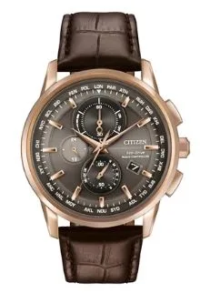 Citizen® World Chronograph A-T Rose Gold Stainless Steel Watch w/Brown Leather Strap