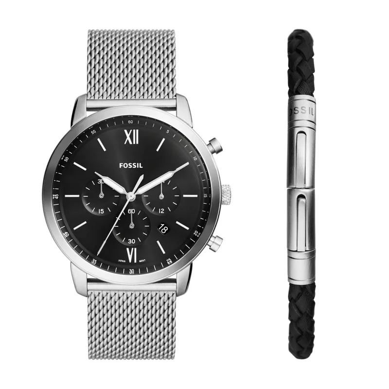Fossil Men's Neutra Chronograph Silver-Tone Stainless Steel Mesh Watch & Bracelet Set