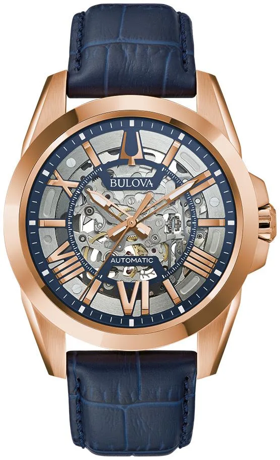 Bulova Watches Men's Sutton Automatic Watch, Blue Leather Strap w/Rose Gold