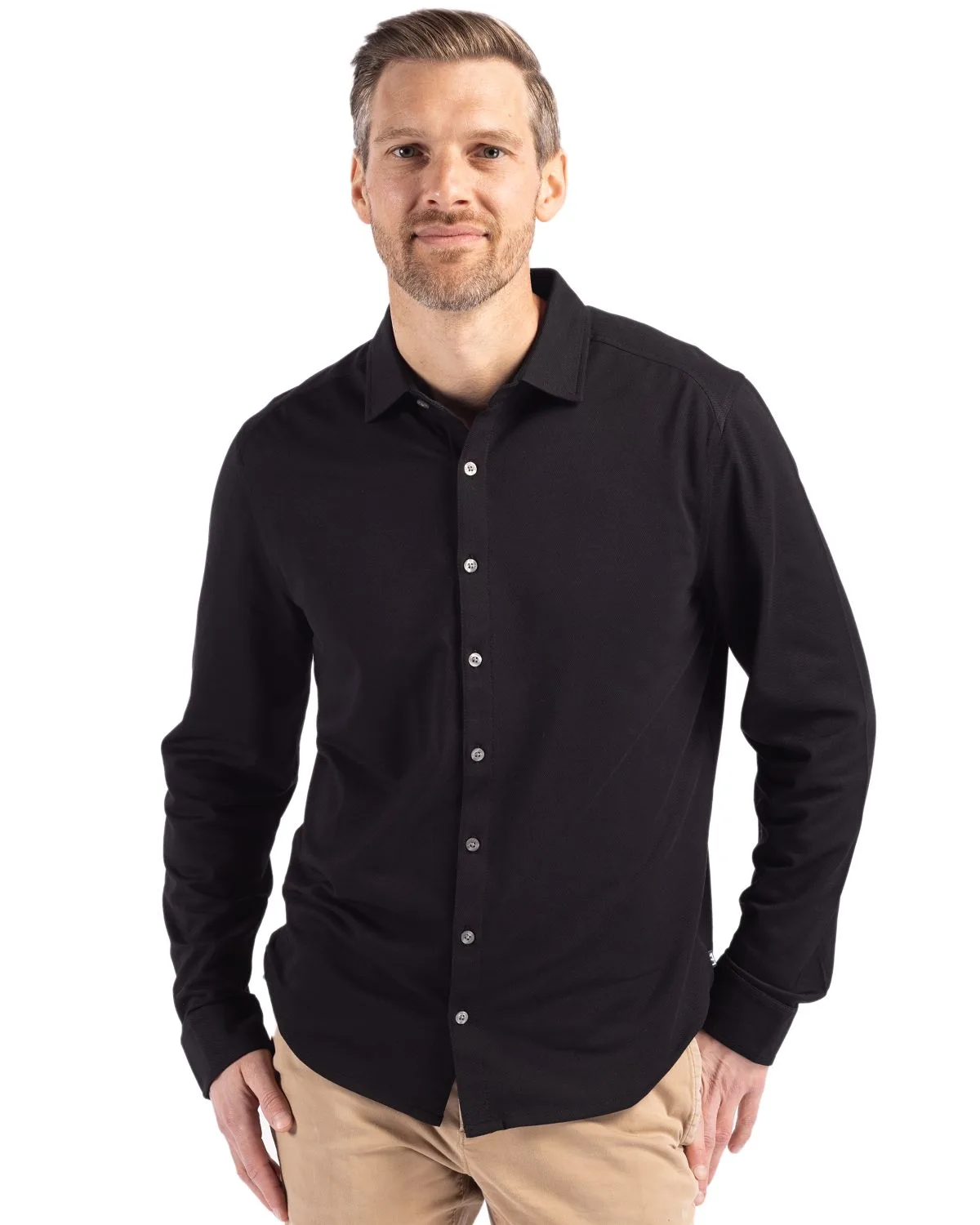 Cutter & Buck Advantage Tri-Blend Eco Soft Pique Long Sleeve Knitted Mens Button Up