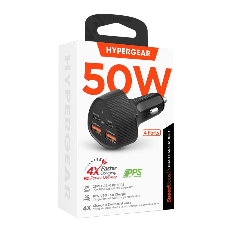HYPERCEL Hypergear Speedboost 50W Quad Car Charger With Dual 25W Usb-C Pd/Pps