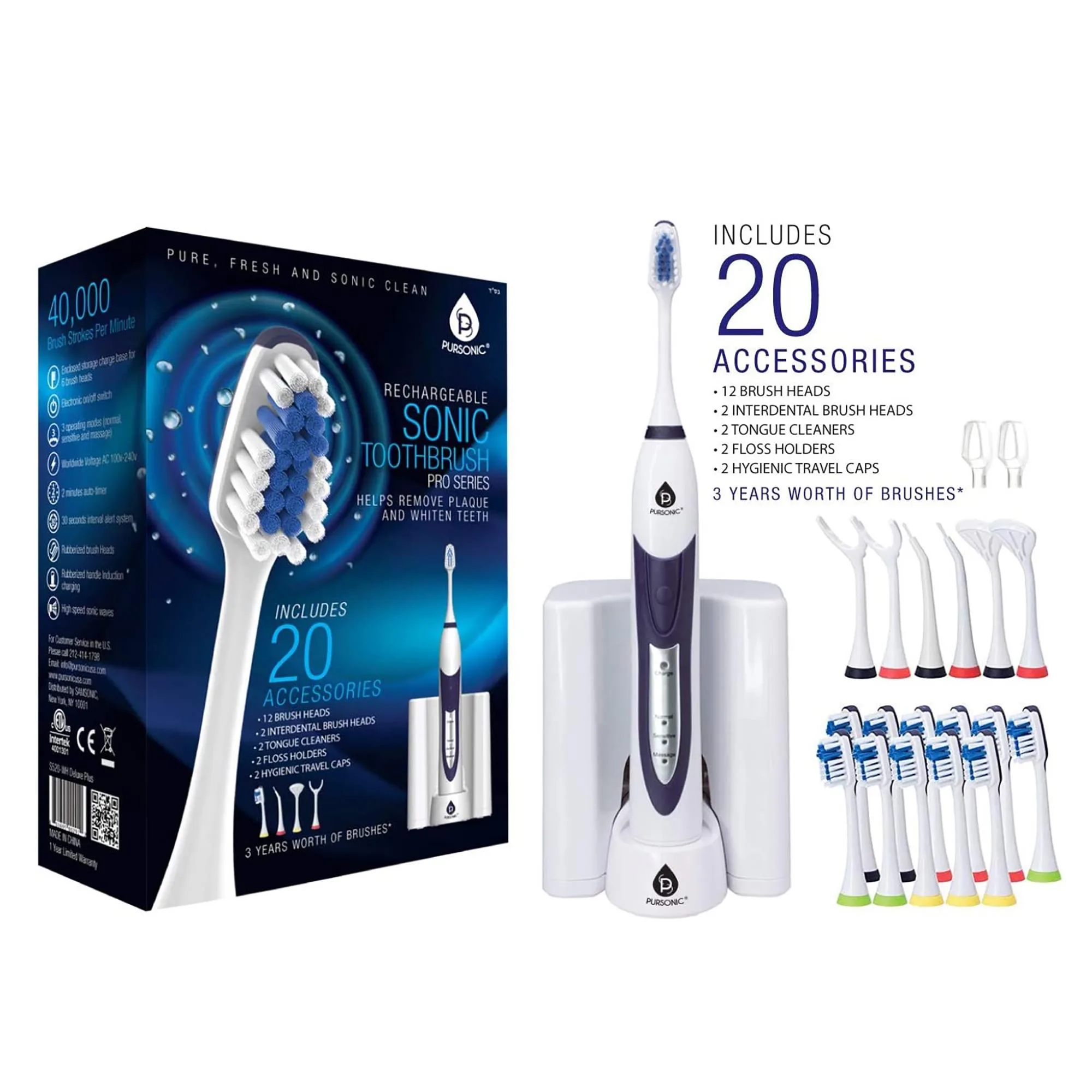 Pursonic Sonic Movement Rechargeable Electric Toothbrush - White