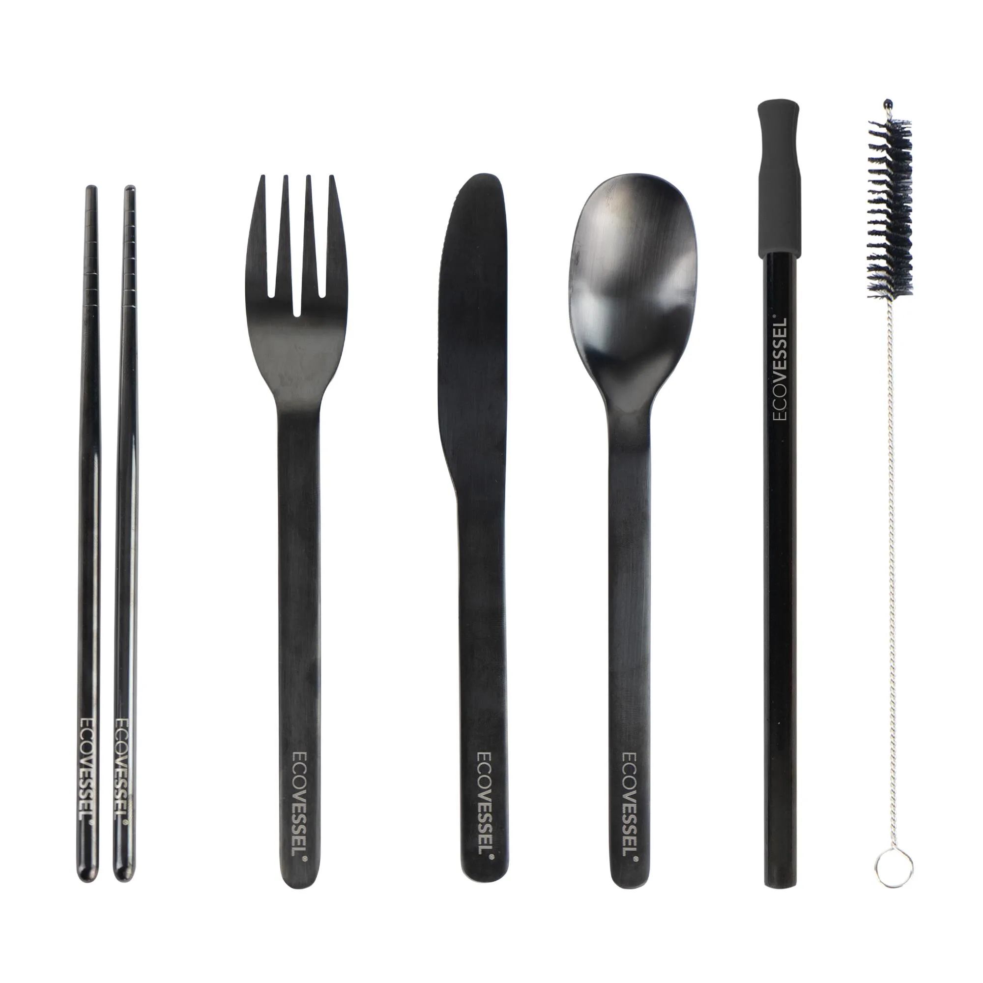 EcoVessel Wanderware 6-Piece Reusable Ss Utensil Set W/Travel Pouch - Black Stainless