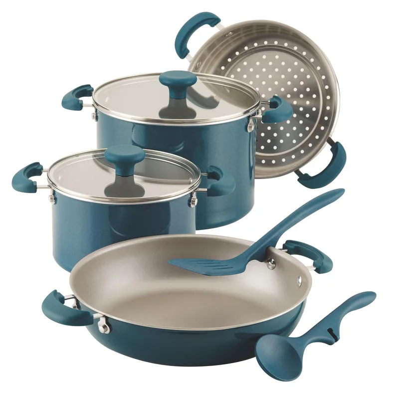 Rachael Ray Create Delicious 8 Piece Enameled Teal Shimmer Aluminum Stacking Set