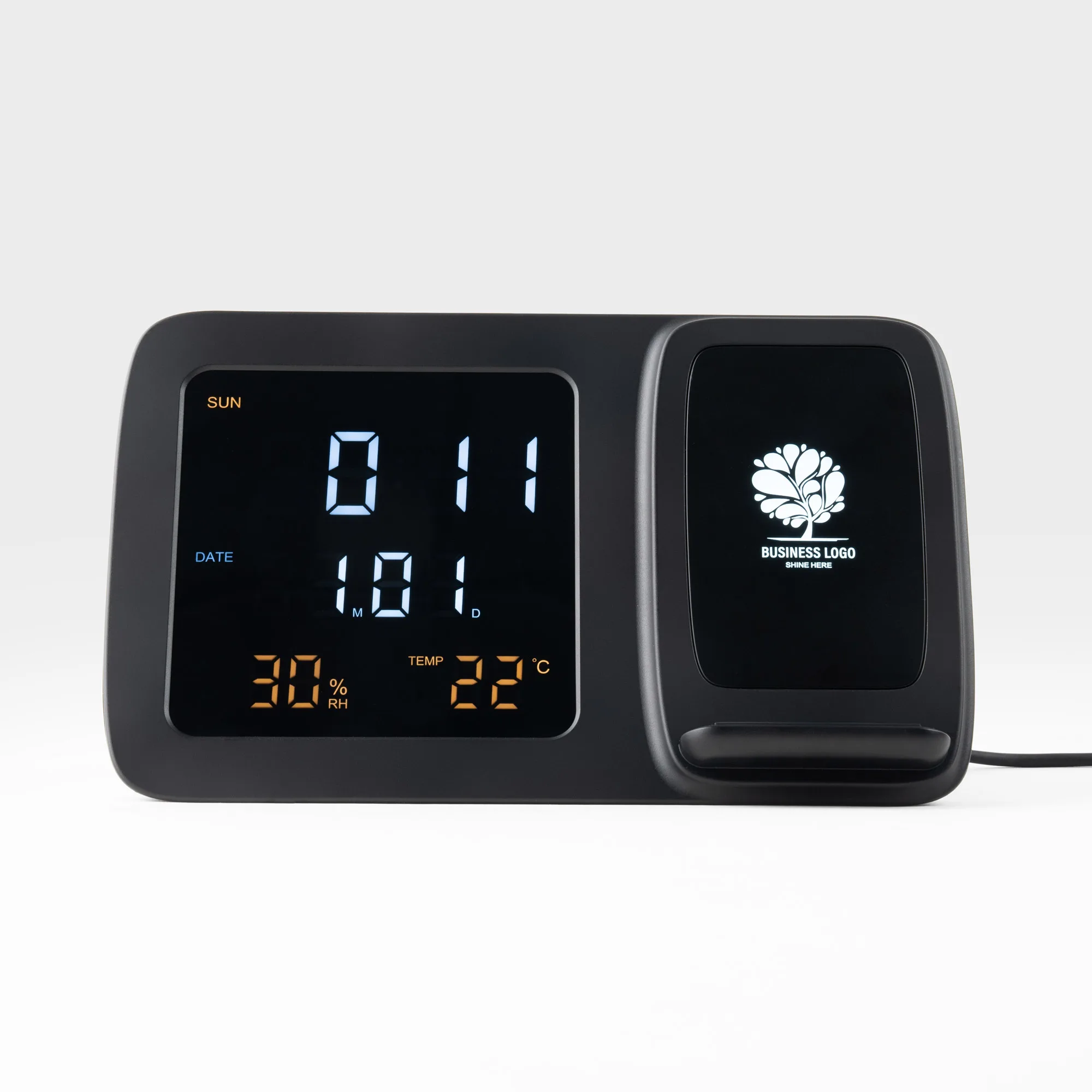 Obelisk, Wireless Charging Phone Stand with Digital Alarm Clock and Temperature / Humidity Display view 2