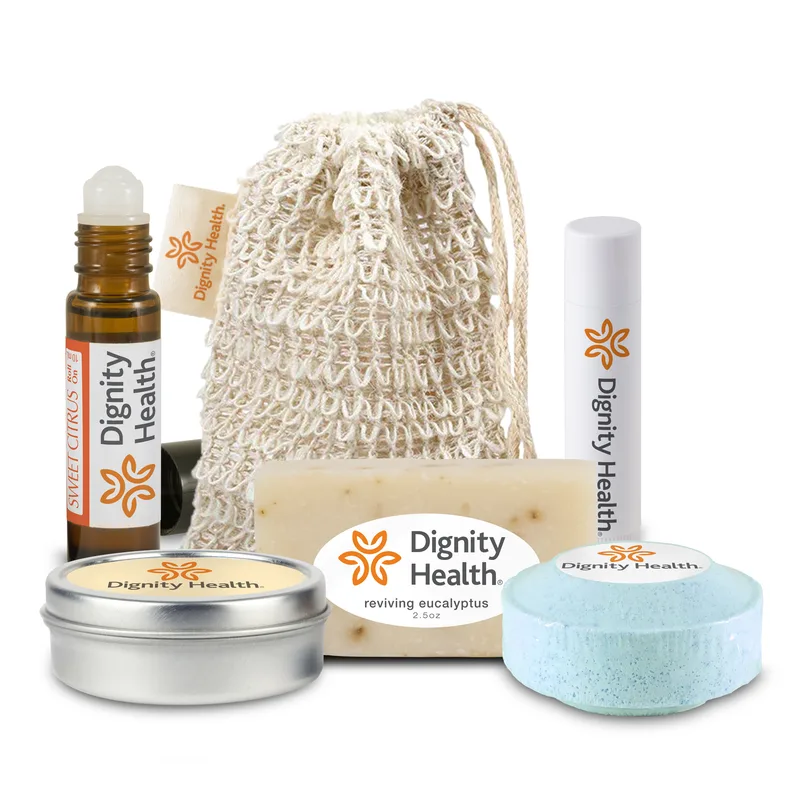 Loofah Bag with Roll-on Oil, Mini Soap, Shower Steamer, Candle Tin, Lip Balm, with Sewn-in Tag