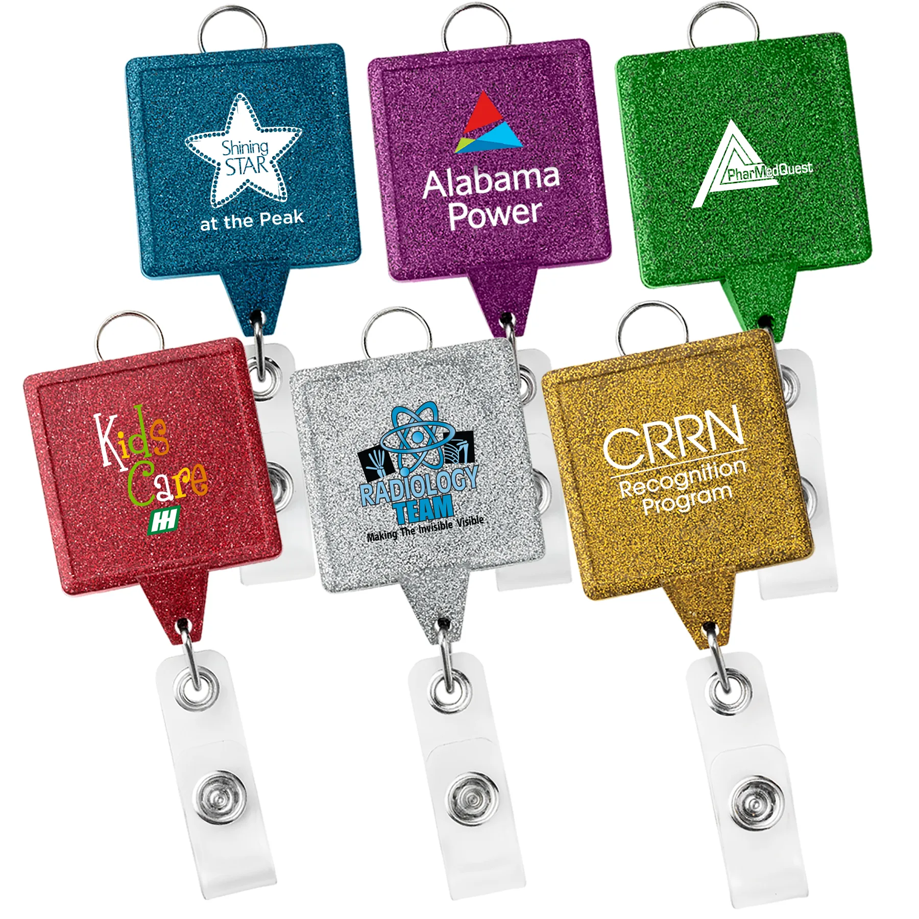 JUMBO Square Glitter Retractable Badge Reel w/lanyard attachment