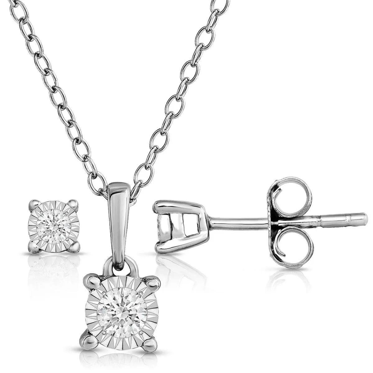 Jilco Inc Diamond Solitaire Sterling Silver Earrings And Necklace Set