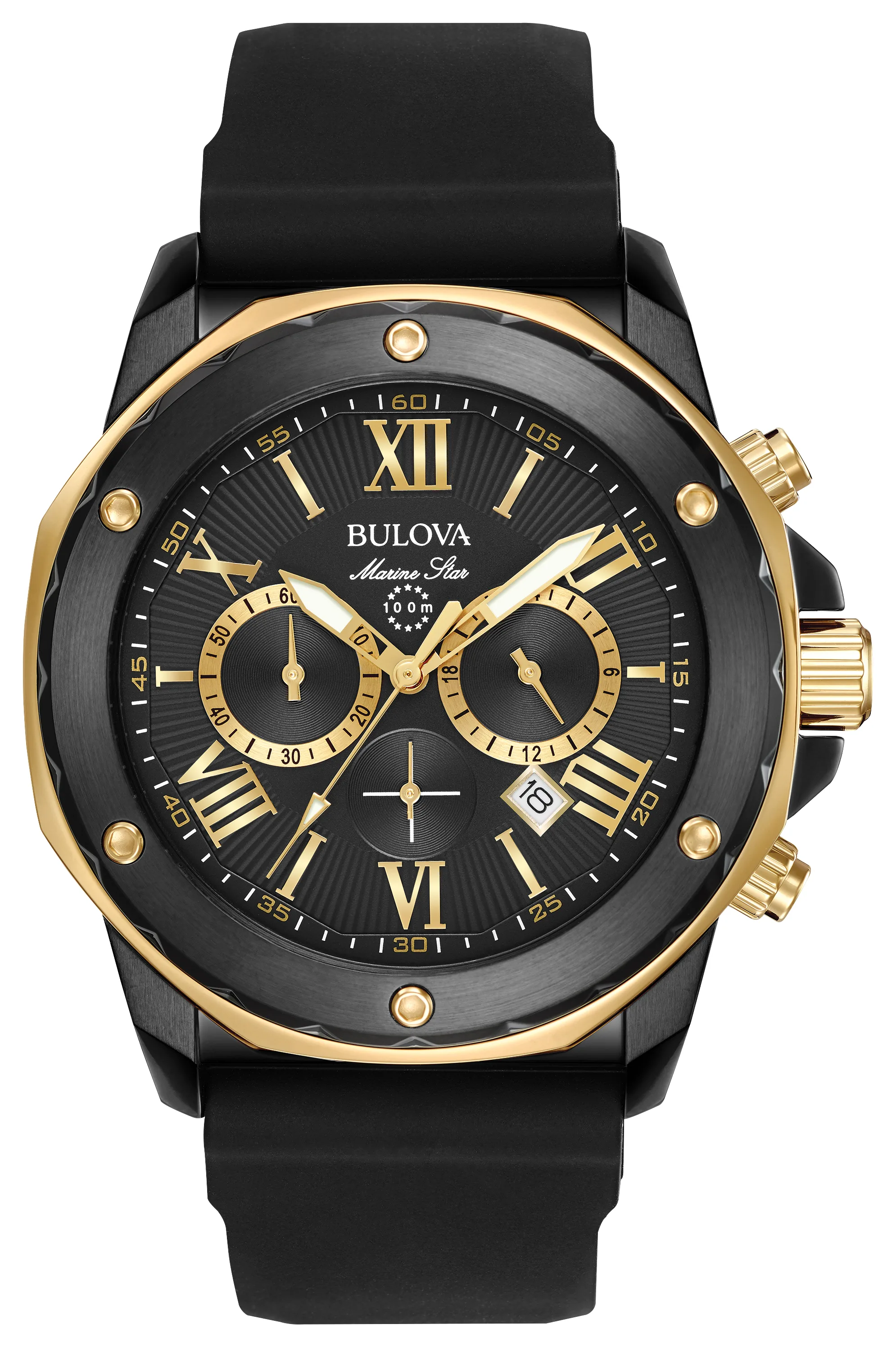 Bulova Watches Men's Marine Star Watch, Black Rubber Strap w/Gold-Tone Accents