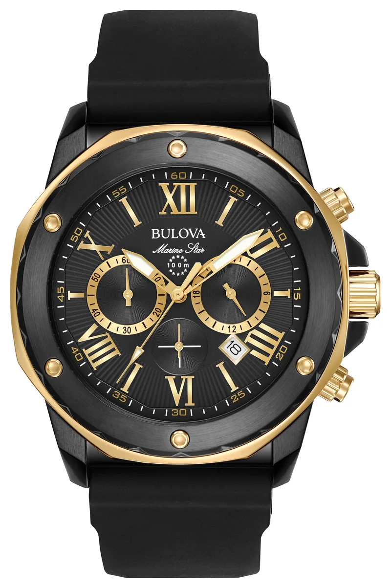 Bulova Watches Men's Marine Star Watch, Black Rubber Strap w/Gold-Tone Accents