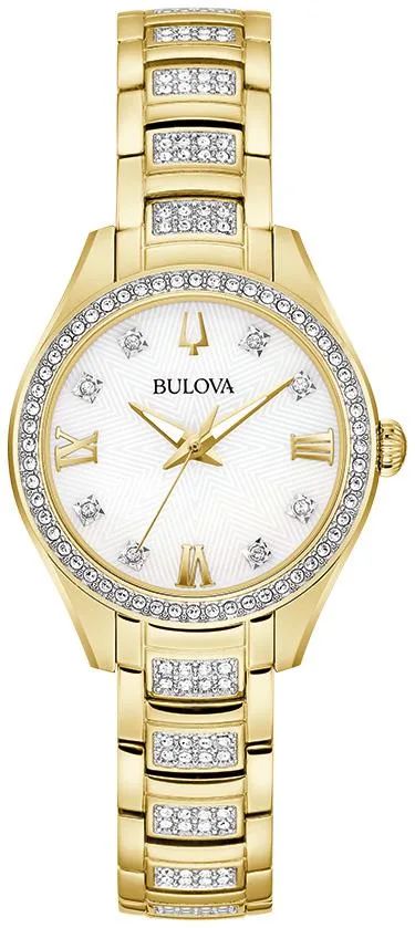 Bulova Watches Ladies' Crystal Stainless Steel Bracelet Watch, White Mop Dial