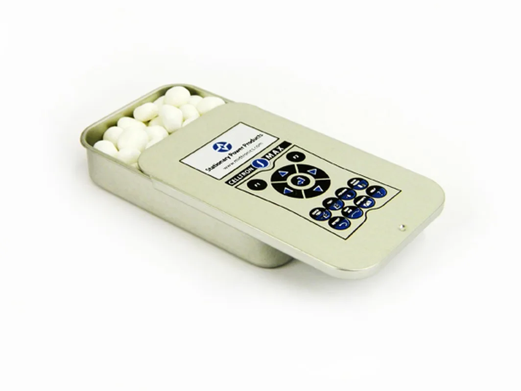 Medium Silver Slider Tin Filled w/ White Gourmet Mints (3"x1 13/16"x1/2")