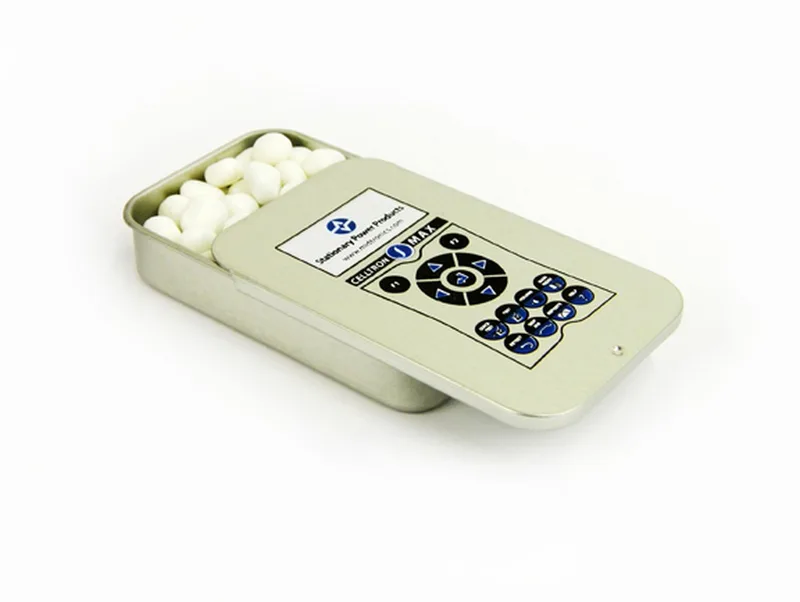 Medium Silver Slider Tin Filled w/ White Gourmet Mints (3"x1 13/16"x1/2")