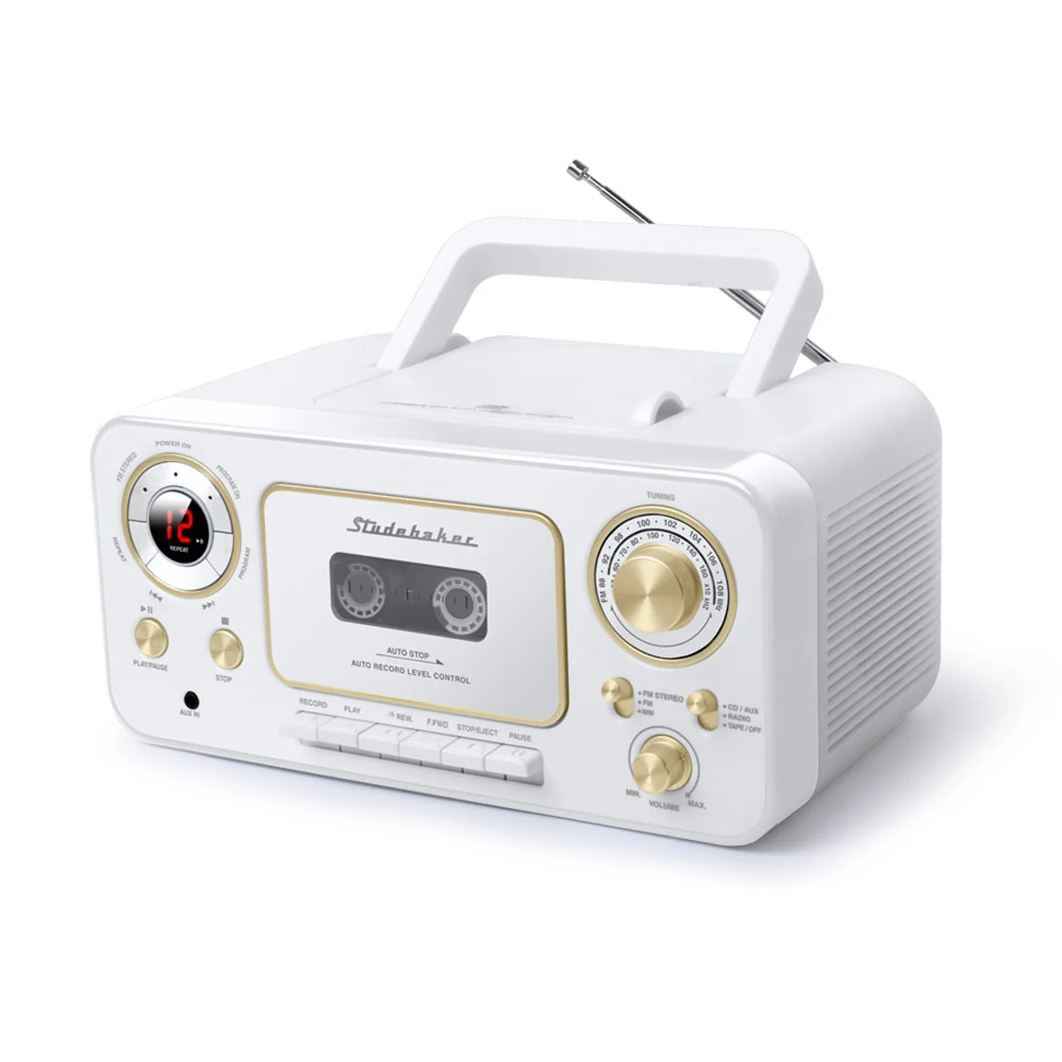 Studebaker White Portable CD Player w/Cassette Player and AM/FM Radio