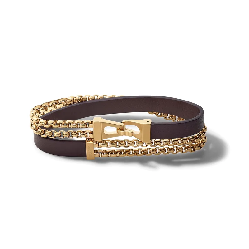 Bulova Jewelry Double Wrap Bracelet: Goldtone Chain And Brown Leather - Large