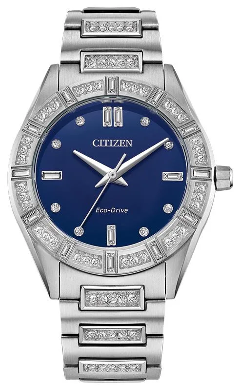 Citizen Watch Ladies' Eco-Drive Crystal Silver-Tone Stainless Steel Bracelet Watch Blue Dial