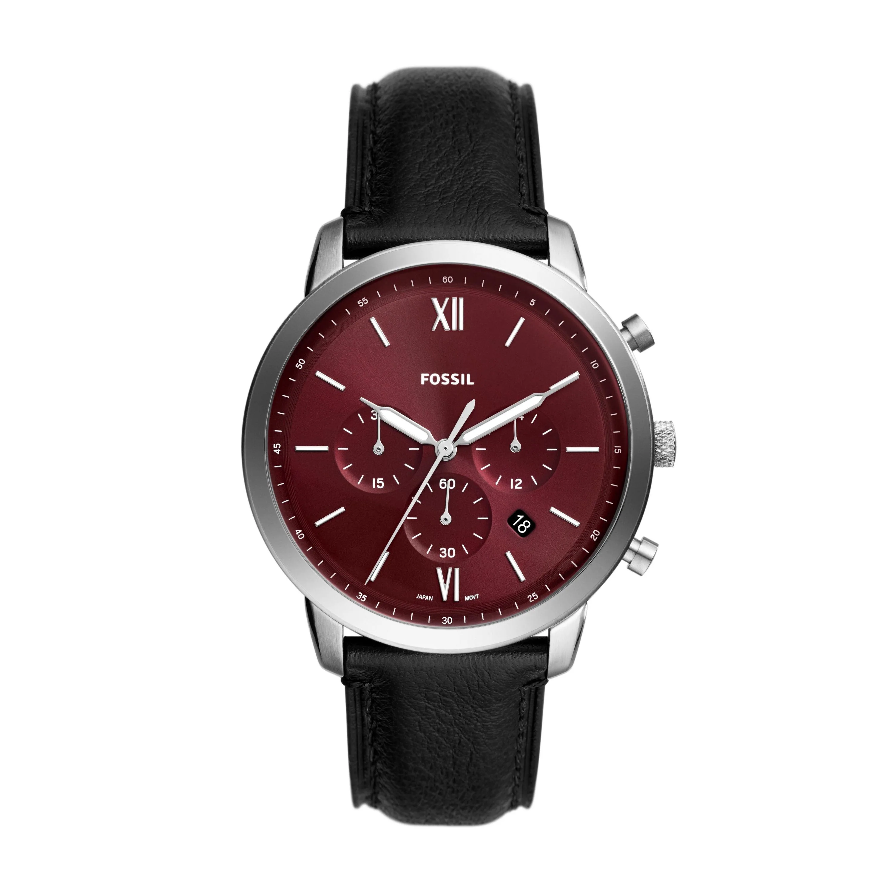 Fossil Men's Neutra Chronograph Black Leather Strap Watch Burgundy Dial