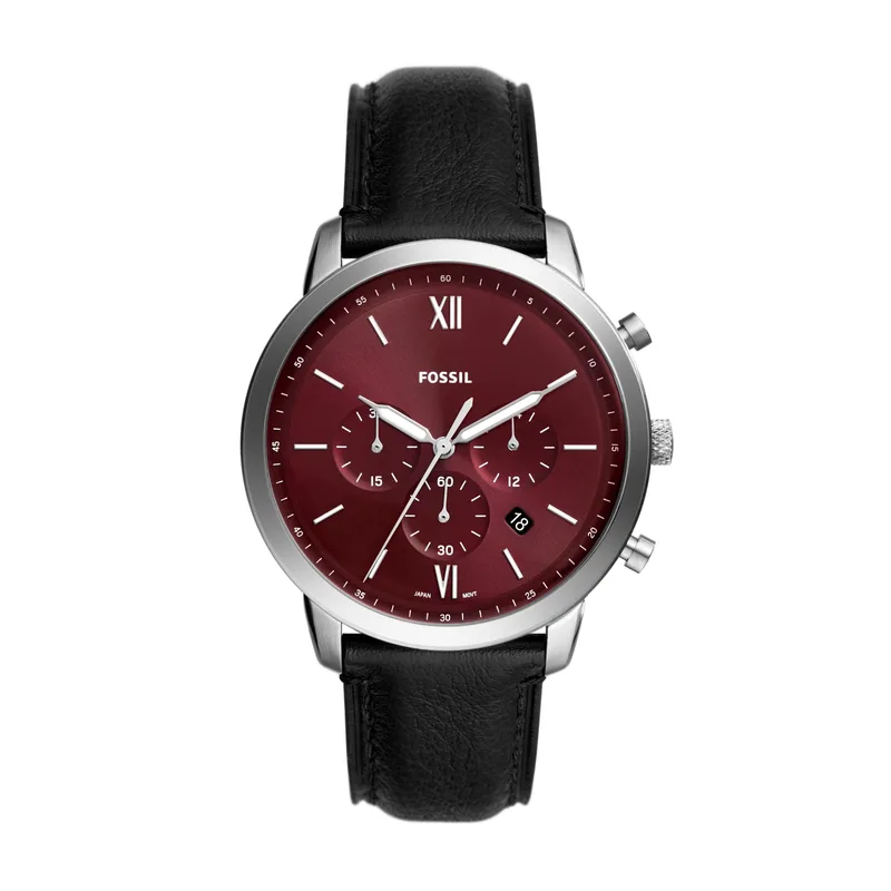 Fossil Men's Neutra Chronograph Black Leather Strap Watch Burgundy Dial