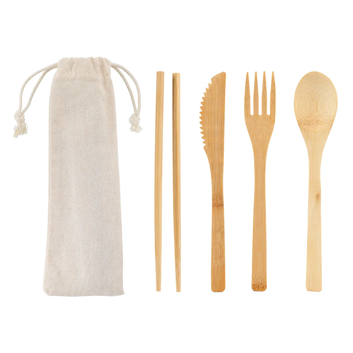 Bamboo Cutlery Set In Cotton Drawstring Pouch view 2